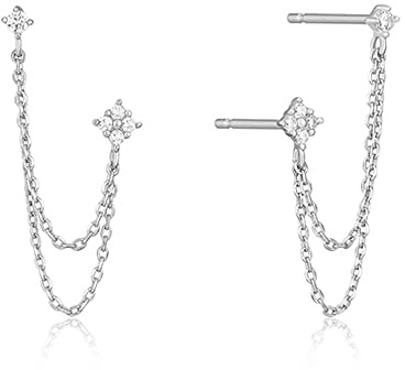 BSLVWG Dangling Earrings,4 Prong CZ Round Stud With Chain Cuff S925 Sterling Silver Earrings for Women Girls Cartilage Double Piercing Holes Fashion Chic Minimalist Climber Crawler Hypoallergenic