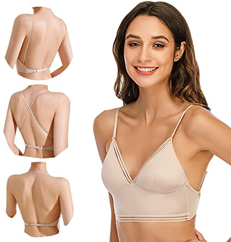 BKEPDY Soutien Gorge Femme Dos Nu Invisible Sexy Soutien Gorge sans Armature Femme en V Brassiere Bas du Dos Convertible en Soutien-Gorge Taille Basse pour Femmes (Beige L (36/80ABC))