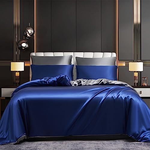 Luofanfei Satin Bettwäsche Set 220x240 Blau Dunkelblau Grau Glanzsatin Seide Kühlende Wendebettwäsche Sommer Glänzend Glatt Luxus Uni Muster Bettbezug mit Reissverschluss und Kissenbezüge 80x80 cm