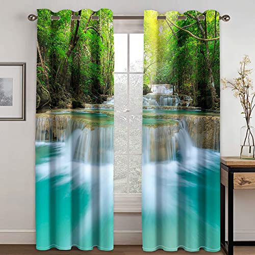 Blickdichte Vorhänge Mit Motiv 3D Grüner Dschungel Wasserfall Kinder Gardinen Blickdicht Ösen Gardine Thermo 264x214 Cm Schlafzimmer Kinderzimmer Vorhänge Dekoratives Muster, Verdunklungsvorhänge