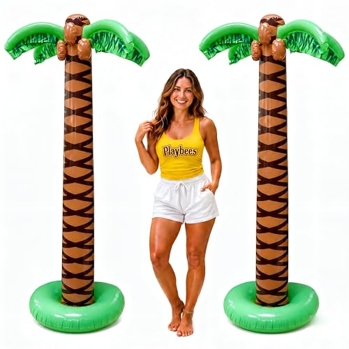 2 Pack Giant Palm Trees Inflatable - 6ft Super Sturdy Artificial Trees for Luau Parties, Beach Decoration, Pool Atmosphere, Tropical Theme Decoration and Outdoor Fun