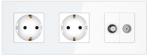 PULSAR Antennendose/2x Steckdose Unterputz Glas Weiß 3-Fach, Sat/Kabel Dose | Antennendose mit 2x Steckdose Unterputz 3-Fach Glas Weiß - Sat-Kabeldose für TV Kabelfernsehen & Satelliten 228 x 86mm