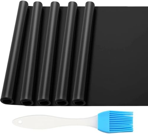 ONESAVE Heavy Duty 5 Pack Oven Liners & Silicone Oil Brush | Teflon Oven Liner Protector Sheet Reusable BBQ Mats | 40x33CM Non Stick BBQ Grill Mat for Ovens, Grills, & Stove