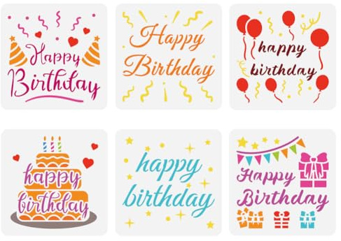 FINGERINSPIRE 6 Stück Happy Birthday Malschablone 15x15 cm Geburtstagskuchen Schablone Geburtstagsballons Schablone Geburtstagsthema Wiederverwendbare Schablone Für Grußkarten Scrapbook Dekoration