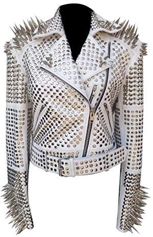 SpazeUp Studded Leather Brando Jacket - Women's Handmade Punk Rock Gothic Metal Spikes Motorcycle leathe Jacket, Medium, White