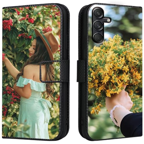 CAXKJE Lederhülle für Samsung Galaxy A55 Personalisierte Handy Hülle,mit Eigenem Foto Bild Text Individuelle Schutzhülle,Leder Flip Case Schutzhülle Stoßfest Hülle -SAMHD-Black