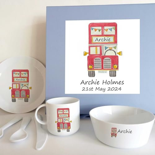 Personalised Baby Dinner Set Gift | Child's 1st Breakfast Set | Christening Ceramic Gift | Keepsake Baby Boy Gift | Bus Full Set and Keepsake Box