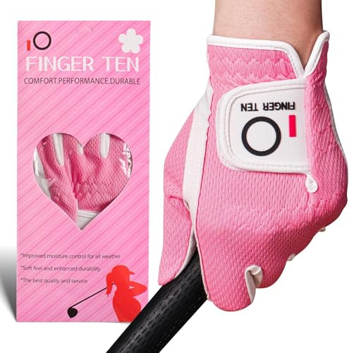 FINGER TEN Golf Gloves Women Left Hand Right Microfiber All Weather Grip Rain Hot Wet Value Pack, Ladies Golf Gloves Soft Flexible Durable Wear Resistance Good Grip (Rose, M, Left)
