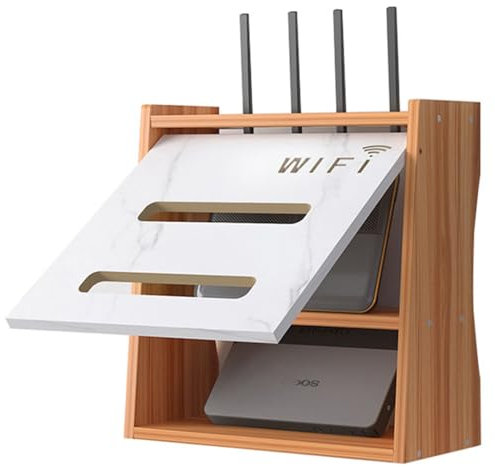 Porta Modem, Mobiletto Modem, Scatola Router, Scatola Porta Cavi, 2 Livelli Organizer da Parete per Nascondere il Router Prese Cassetta Porta Modem e Mettere in Ordine i Suoi Cavi(Brown)