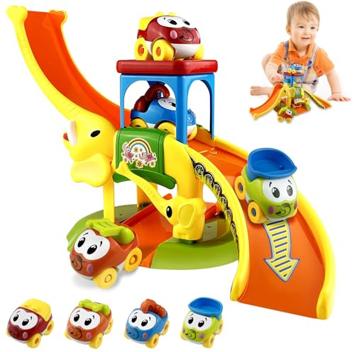GZLCEU Rennbahn Kinder, Multifunktional Autorennbahn Elefant Rennstrecke mit 4 Spielzeugautos für 1 2 3 Jahre Altes Kinder, Jungen, Mädchen Puzzle Geschenke Toy Track