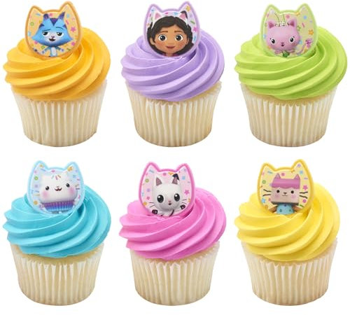 DecoPac DreamWorks Gabby's Dollhouse Rings, 24 Cupcake Decorations Featuring Gabby, Pandy Paws, Irresistible Kitty Characters, and Super Fun Adventures! - 24 Pack