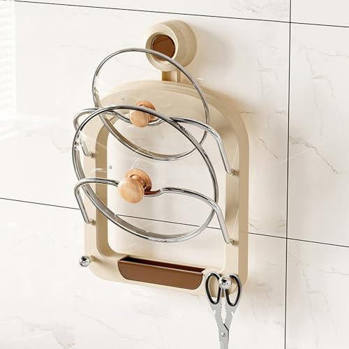 Hanging Pot Lid Holder for Cabinet, Hanging Pot Lid Rack, Pot Lid Organizer, Suction Cup Wall Mounted Pot Lid Holder, Pot Lid Organizer Rack, No Drilling Pot Lid Rack for Kitchen Organizer (Brown)