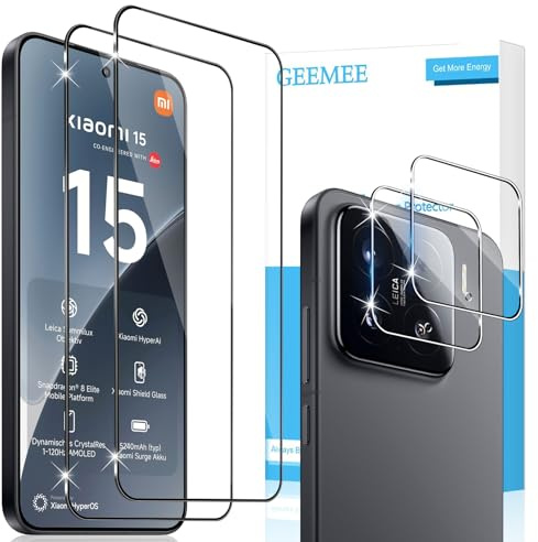 GEEMEE 2 + 2 Stück für Panzerglas für Xiaomi Mi 15 Schutzfolie, Schutzglas + Kamera Schutzfolie, 9H Härte Glas Folie HD Klar Displayfolie Anti-Kratzen Displayschutzfolie