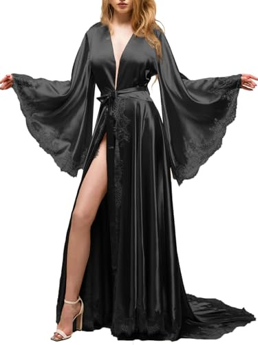 MAYILNSIN Robe de bain luxueuse en satin pour femme, kimono, bordure en dentelle, pyjama de demoiselle d'honneur, soyeux doux, pour mariage, fête de mariée, évasée, manches longues, Noir , S