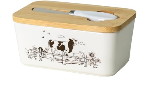 WAIT FLY Beurrier en céramique avec couvercle en bambou et couteau, 2 bâtons de beurrier pour comptoir de cuisine, décoration d'intérieur - vache
