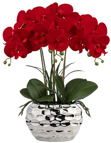 Briful 44CM Künstliche Orchideen Phalaenopsis Kunstblumen wie Echt Dekorative Orchidee Bonsai Kunstpflanze Arrangement im Keramiktopf für Tisch Wohnzimmer Wohnkultur Dekoration (Rot)