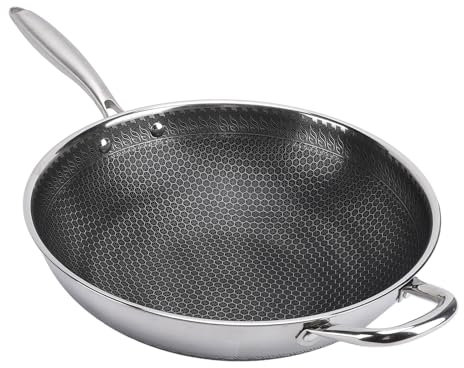 304 Sartén de Londa de Acero Inoxidable de Acero Inoxidable, Sartén de Wok No Stick, Salteado Wok Redondo Non Stick Sarty Sartyet Freity Freiting Ban Compatible con Cooke de