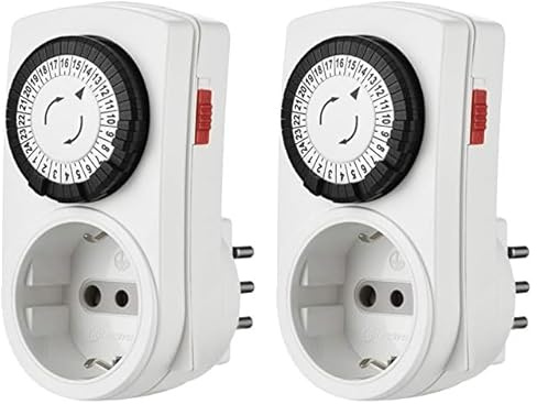 Electraline 58114 Mini Programmatore Timer Meccanico Giornaliero, Spina Italiana piccola 10 A, Presa Schuko + 10A, Bianco (Confezione da 2)