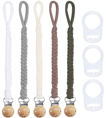 ABirdon Cadena Chupete Bebe,Paquete de 5 pinzas para Chupón con lazos de algodón y 3 adaptadores para Chupón,Para niños y niñas