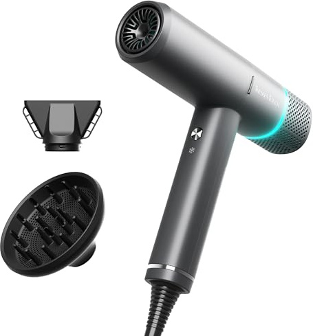 Föhn Ionen Haartrockner, 150000 U/min Fön mit Diffusor für Frauen & Männer, Schnelltrocknen mit 3 Temps/2 Geschwindigkeiten, Leicht für Heimreisen, Gleichmäßige Hitze, Geräuscharm, Grau