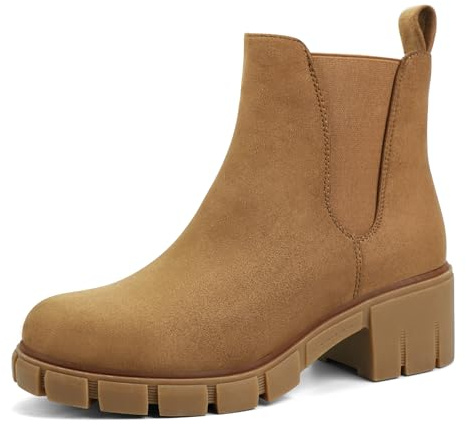 JABASIC Chelsea-stövlar för kvinnor med plattform och stretchinsatser slip-on, Ljusbrun, 40 EU