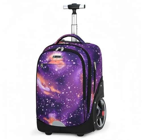 Rummyluck Koffer Trolley Rucksack mit Großen Rädern Schulranzen mit Rollen Laptop Reise Schule Rucksack für Jungen Mädchen, Sternenviolett