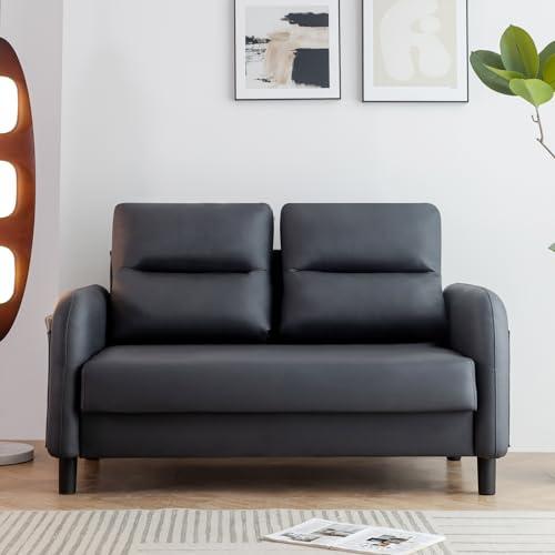 Sofa 2 Sitzer, Modernes Kleine Couch 2 Sitzer Schlaffunktion mit Armlehne und Seitentasche,Bequeme Couch mit Wurfkissen,Kleine Couch für Wohnzimmer,Schlafzimmer,Büro,Wohnung,140 x 81 x 90cm Schwarz