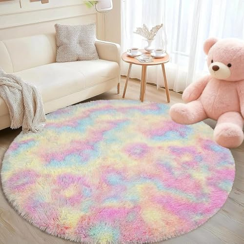 Homcomodar Hochflor Teppich Rund 160 cm Teppich Kinderzimmer Mädchen Regenbogen Wohnzimmer Schlafzimme Teppiche Flauschig rutschfest Flauschig Teppiche