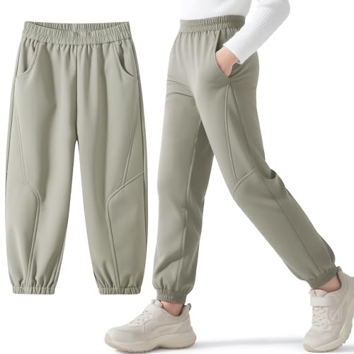 Hoseay Pantaloni Trekking Softshell Ragazzo, Termico Impermeabile Antivento Pantalone da Montagna, Foderato in Pile Pantaloni Outdoor Autunno Inverno per Bambino 11-12 Anni, Grigio Chiaro
