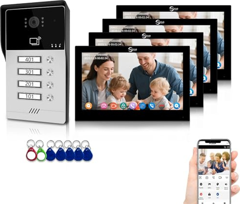 4-Wired Video Intercom System for 4 Unit Family,7-Inch Touchscreen Door Phone Kit with 3-in-1 Unlock,Two-Way Audio, Indoor/Outdoor Monitoring for Apartment Villa,No Monthly Fees (Black)