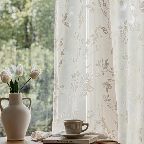 FAPLIGLISY Vintage Beige Sheer Curtains 84 Inches Long for Living Room Bedroom, Fluffy Jacquard Floral Decorative Window Curtain Drapes, Rod Pocket Light Filtering Privacy Semi Sheers, 54 X 84