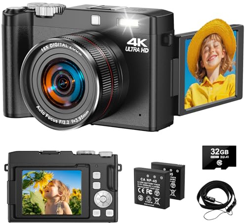 4K 64MP Digitalkamera, 2.8 Inch 18X Digitalzoom UHD Kompaktkameras - 180 Grad Autofokus Wiederaufladbare Vlogging-Kamera mit 32GB Karte &2 Akkus, für Kinder Anfänger Jugendliche