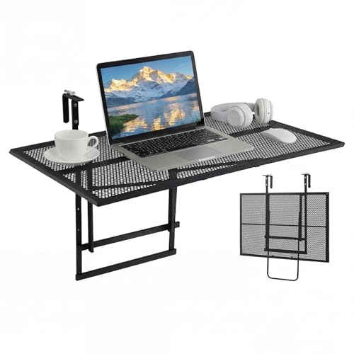 COSTWAY Balkontisch klappbar, 80x50 cm, Balkonhängetisch zum Einhängen, 5-Fach höhenverstellbar, Klapptisch aus Metall, rechteckiger Hängetisch für Balkon, 24 kg Tragfähigkeit, Schwarz