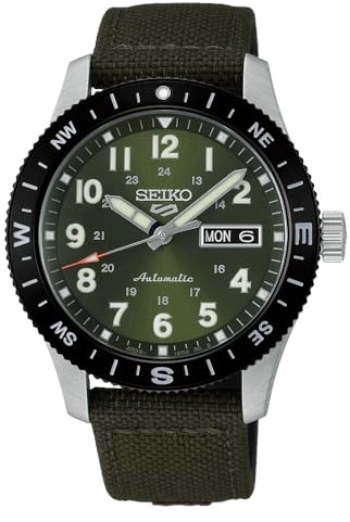 Seiko Orologio Automatico da Uomo, Quadrante Verde, Cinturino in Tela, Lunetta Bussola, Day-Date, Modello HDB008K1