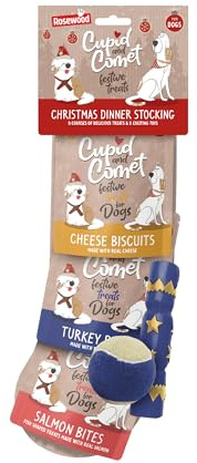 Rosewood Cupid & Comet Weihnachts-Strumpf für Hunde – Festliche Leckerlis & 2 Spielzeuge – Weihnachtliches Geschenkset für glückliche Vierbeiner