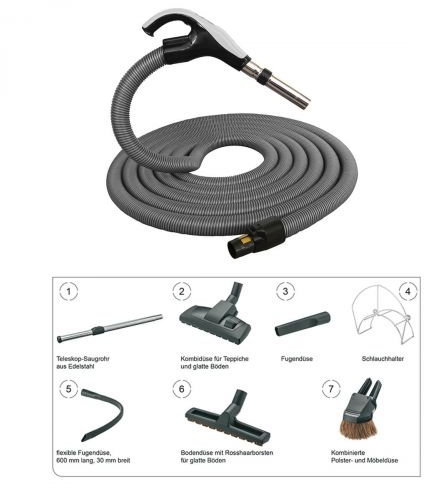 Set di tubi con tubo di aspirazione SWIVEL, 8 pezzi, adatto per aspirapolvere centrale, lunghezza 9 m