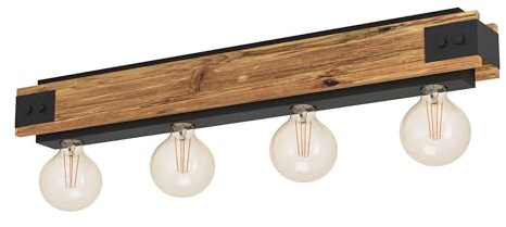EGLO Deckenlampe Layham, 4 flammige Deckenleuchte Vintage, Industrial | Retro, Wohnzimmerlampe aus Stahl in Schwarz und Holz in Natur, Küchenlampe, Flurlampe Decke mit E27 Fassung