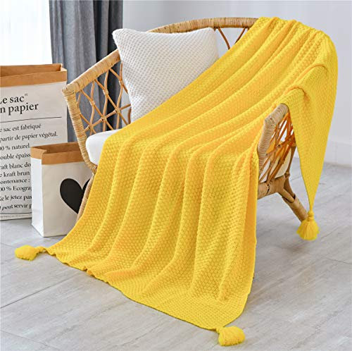 Hayisugal Boho Decke Wohndecke weich Strickdecke Sofadecke Kuscheldecke für Fernsehen oder Nap auf dem Stuhl Sofa und Bett, Gelb, 110 x 240cm