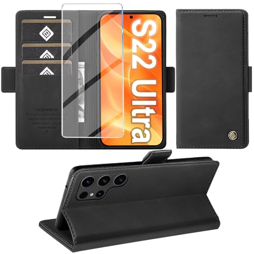 Giyer Handyhülle für Samsung Galaxy S22 Ultra 5G Hülle mit Schutzfolie, Standfunktion Kartenfach Wallet Premium Leder Schutzhülle S22 Ultra Flip Case Cover Stoßfeste Klapphülle 6,8 Zoll