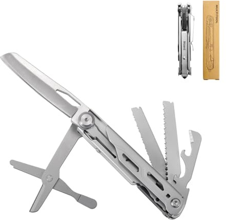 Maerd P3 9in1 Hard Stainless Steel Multitool, Foldable Self-Locking Multi-Tool Pocket Knife with Belt Clip, First Aid Scissors, Saw, Escape Hammer, Bottle Opener, Sickle, EDC Multitool Emergency…