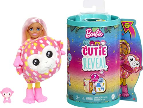 Barbie Chelsea Cutie Reveal Serie Amigos de la Jungla Monito Disfraz de Mono Revela una muñeca articulada con Mascota y Accesorios Sorpresa de Moda, Juguete +3 años (Mattel HKR14)