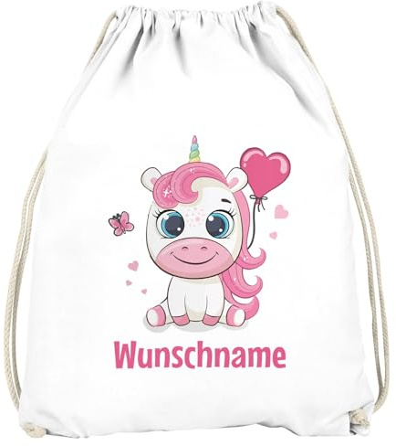 SpecialMe® Kinder Turnbeutel mit Name Einhorn Wunschname Herz personalisierte Geschenke Mädchen Weiss unisize