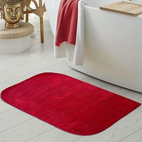 Teppich-Traum Badteppich Modern Waschbar Uni Abgerundet Rot 60x100 cm | Flauschig und weich, bis 30 °C waschbar, pflegeleicht, rutschfest, langlebig, formstabil, saugrobotergeeignet, Bad & WC