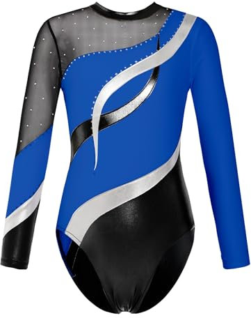 Oyolan Gymnastikanzug Kinder Mädchen Langarm Turnanzug mit Pailletten Rundhals Gymnastik Trikot Klassisch Trikotanzug Tanzkleidung Royal Blau 170-176