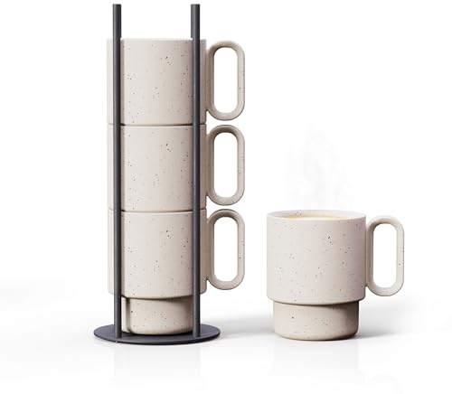 Stackable Coffee Mug Set with Black Stand - 4x8oz Ceramic Mugs with Unique Sprinkled Optics - Powder Coated Metal Rack - Dishwasher-Safe - Microwave & Oven - Scandinavian Minimal Design