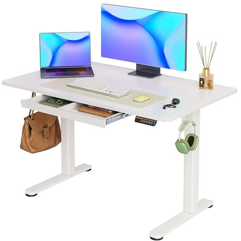 Claiks Höhenverstellbarer Schreibtisch 120x60cm mit Schublade, 80kg Tragkraft Elektrisch Schreibtisch Höhenverstellbar mit 3-Funktions-Memory und 2 Kopfhörerhaken, Standing Desk with Drawer, Weiß