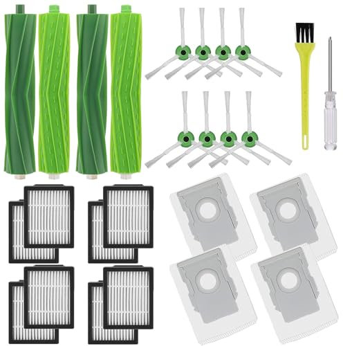 Asdazrxy Zubehör für iRobot Roomba i7 i7+ i3 i3+ i4 i4+ i6 i6+ i8 i8+ E5 E6 E7 Saugroboter, Ersatzteile mit 4 Gummibürsten, 8 HEPA Filter, 8 Seitenbürsten, 1 Reinigungsbürste, 4 Staubbeutel