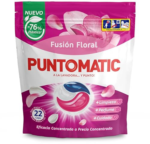 PUNTOMATIC | Cápsulas Tricámara Floral | Detergente Lavadora para Ropa Blanca y de Color | Quitamanchas | 22 lavados