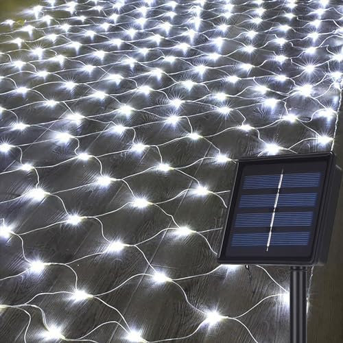 DINOWIN Solar LED Lichternetz Außen 1,1 x 1,1M 100 LED Lichterkette Netzlicht Mesh Lichtervorhang 8 Modi Baum Lichterkette für Party Garten Balkon Hochzeit Geburstag Weihnachten (Weiß)