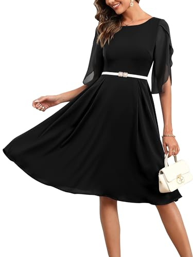 Missufe Cocktailkleid Abendkleid Knielang Festlich Chiffonkleid Damen Partykleid Elegant A Linien Swing Tulpen Halbarm Kleider (Schwarz, Medium)
